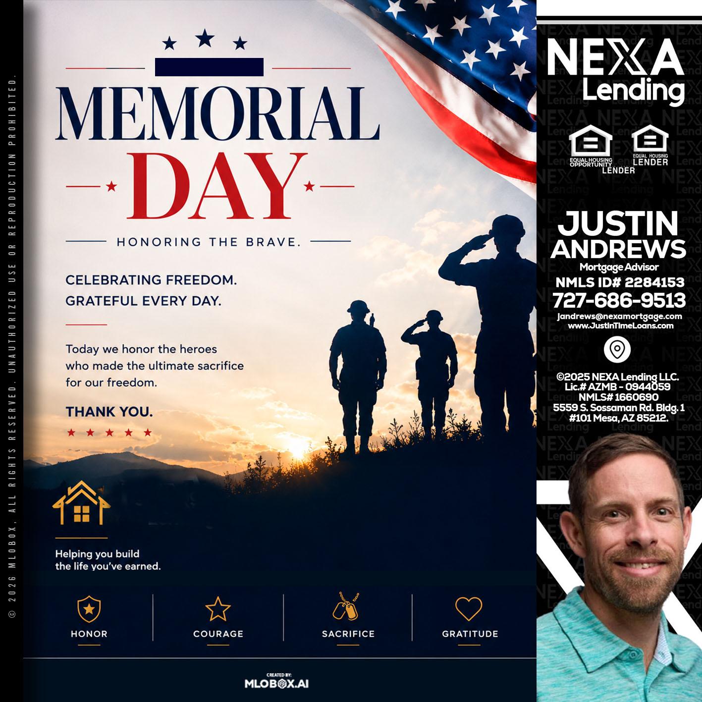 MEMORIAL DAY - Justin Andrews -Mortgage Advisor